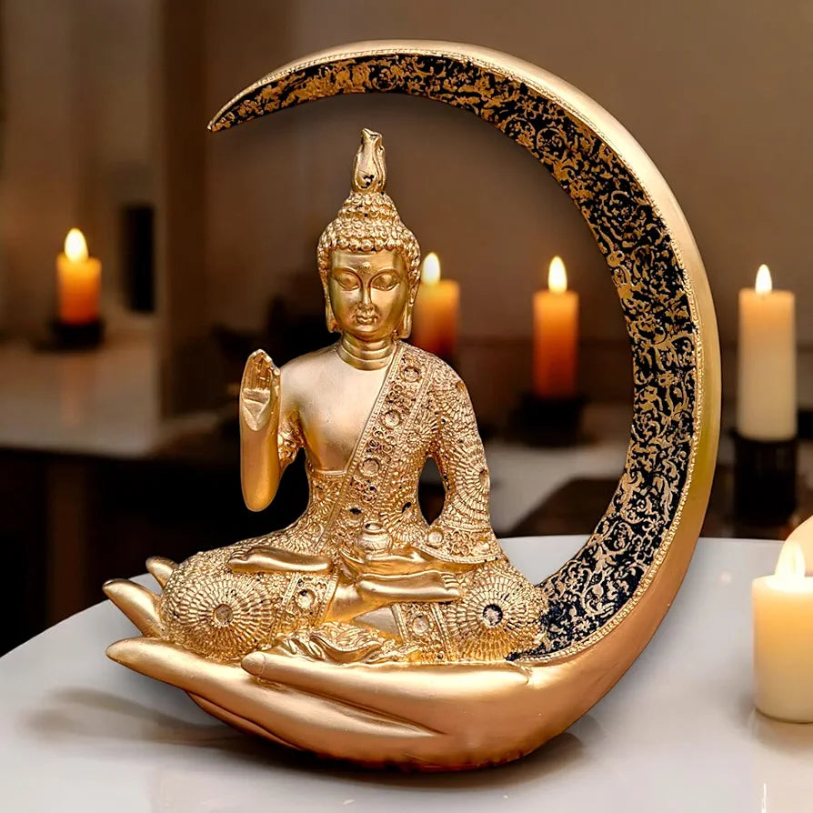Antique Meditating Moon Buddha Showpiece | Polyresin Idol Statue for Home Decor, Living Room, Office | Housewarming Gift 