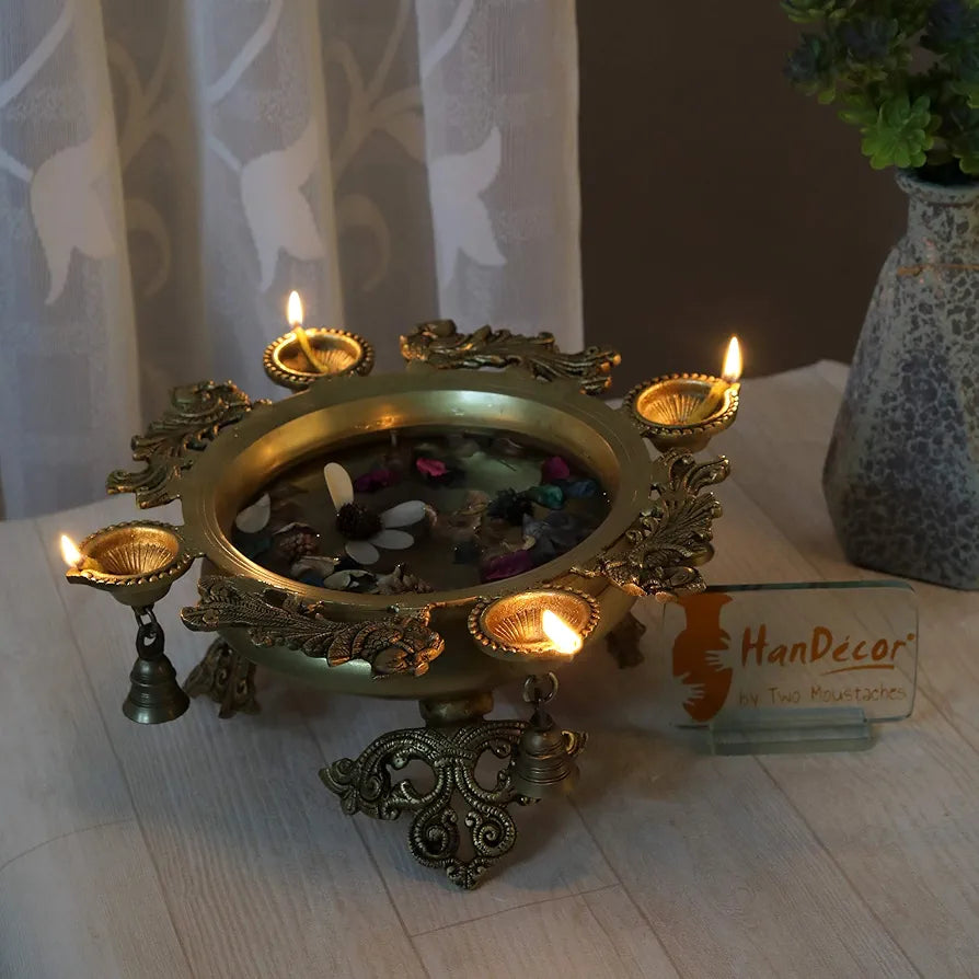 Two Moustaches Brass Peacock Design Urli with 4 Diyas  