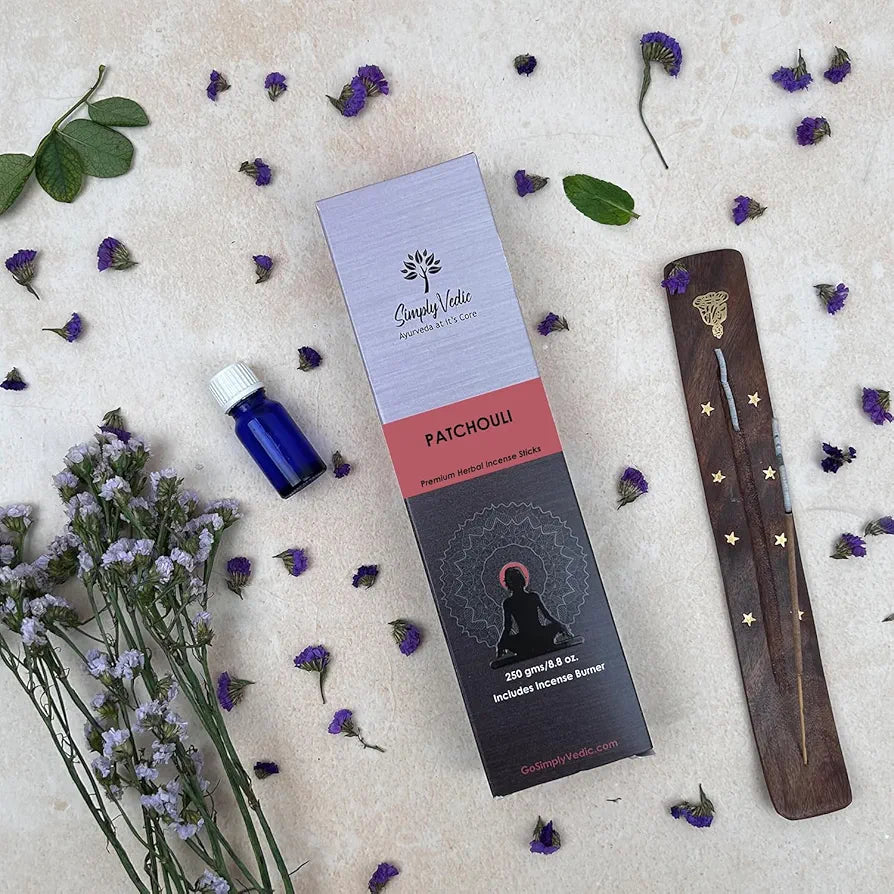 Simply Vedic Patchouli Incense Sticks – 250g Pack  | Charcoal-Free | Natural Essential Oils for Meditation, Yoga, Relaxation, Prayers & Aromatherapy