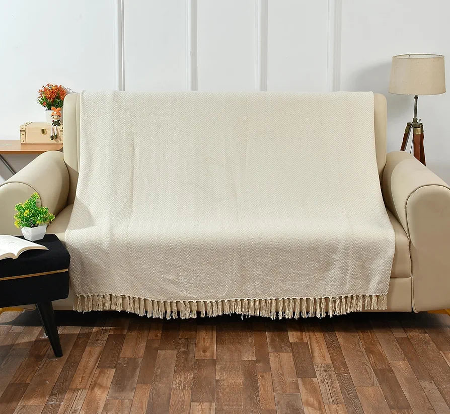 SASHAA WORLD Chevron Cotton Sofa Throw with Tassels | Soft & Durable Blanket | Throw for Chair, Living Room, Badroom, Sofa | Beige & Natural -130x160 cm