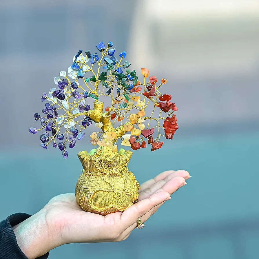 ZAICUS Lucky Feng Shui 7 Chakra Tree with Golden Money Bag Base - Healing Crystal Gemstone Bonsai Tree for Wealth, Prosperity, Positive Energy, and Home Decor, Good Luck Gift - 