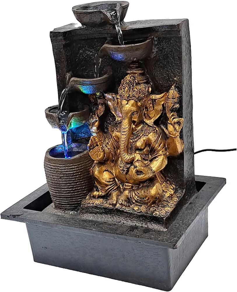 ALILA Ganesha Ganesh Ji Water Fountain Showpiece Idol for Home Living Room Temple Decor with Led Lights Table Top Decoration Gift Gifting Item, 15 inches