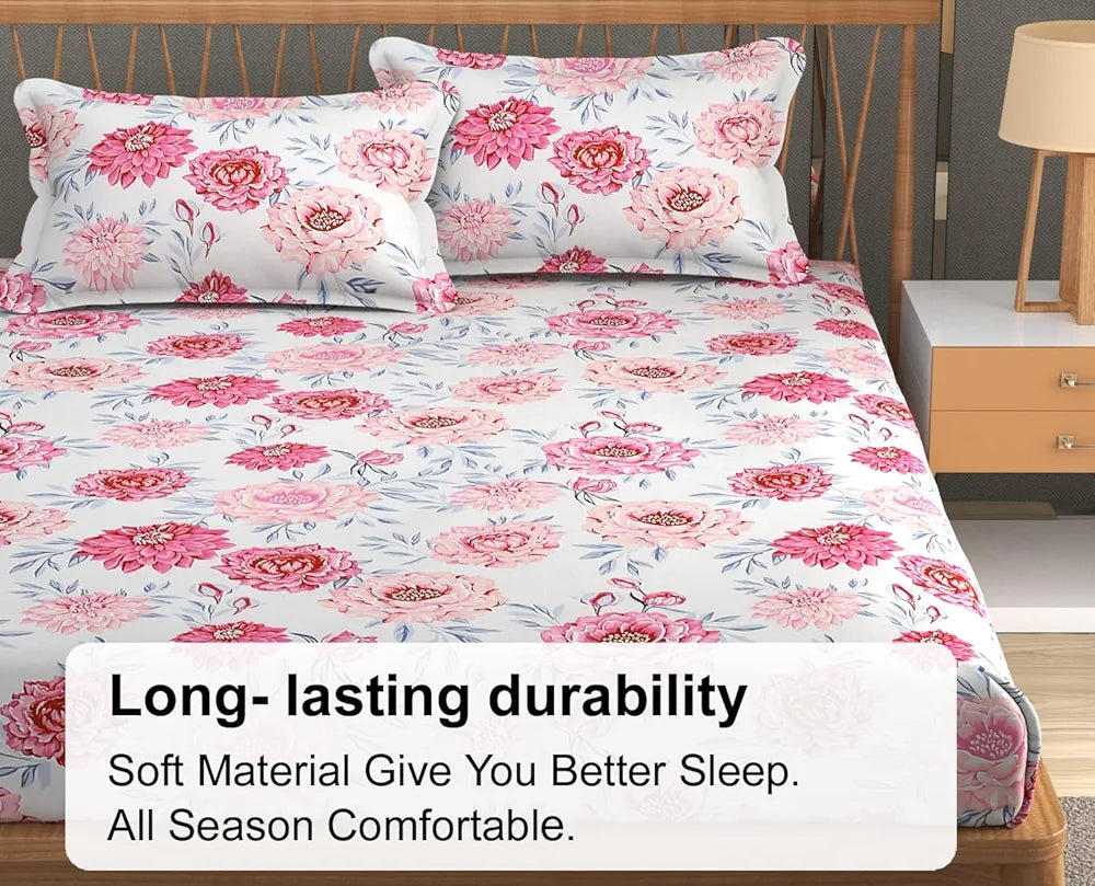 FRESH FROM LOOM Floral Print 240 TC King Size Microfiber Fitted Bedsheet Set - Soft & Anti Fade, 2 Pillow Covers Included  | Rose-Offwhite)