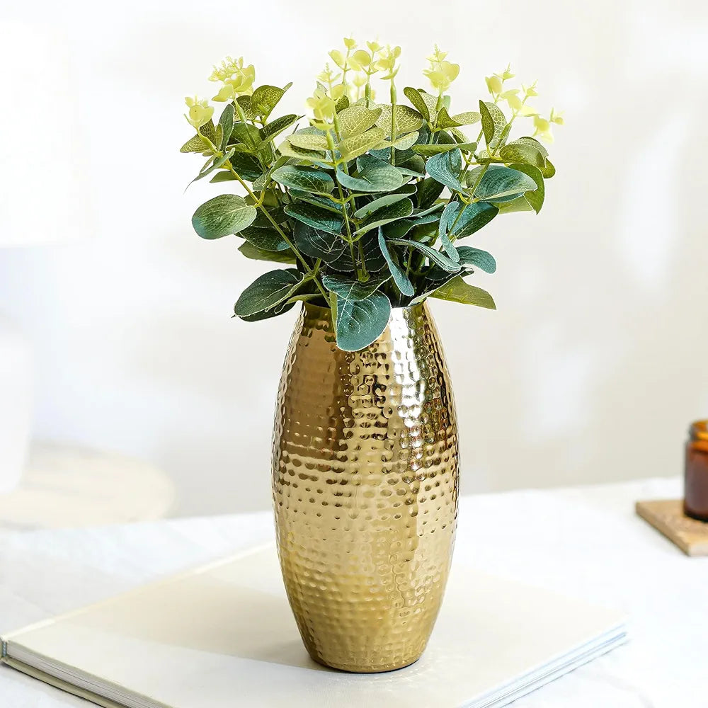 Behoma Metal Hammered Vase for Home Decor Decoratives for Indoor Living Room | Best Gift for Birthday Anniversary Valentine's Day |Golden Full Hammered Oblong Shape 1 Large Pcs 