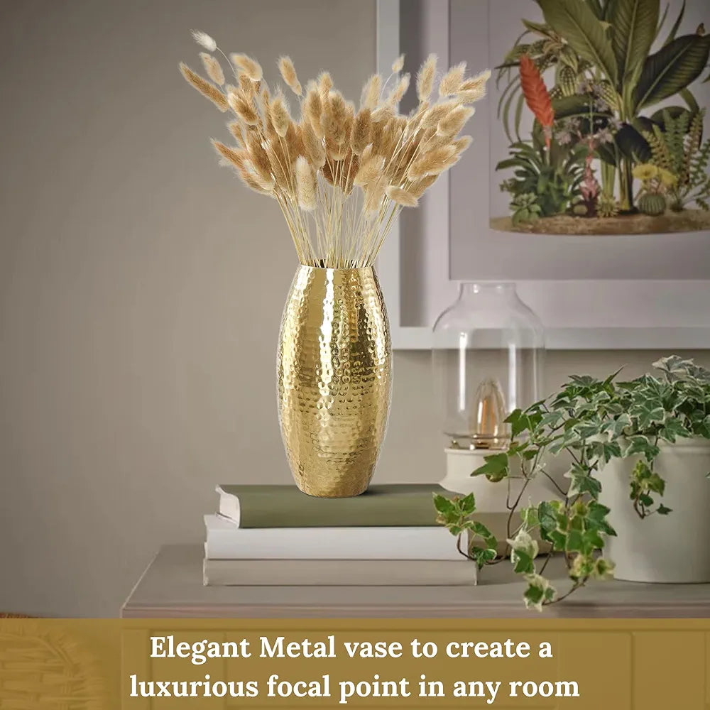 Behoma Metal Hammered Vase for Home Decor Decoratives for Indoor Living Room | Best Gift for Birthday Anniversary Valentine's Day |Golden Full Hammered Oblong Shape 1 Large Pcs 