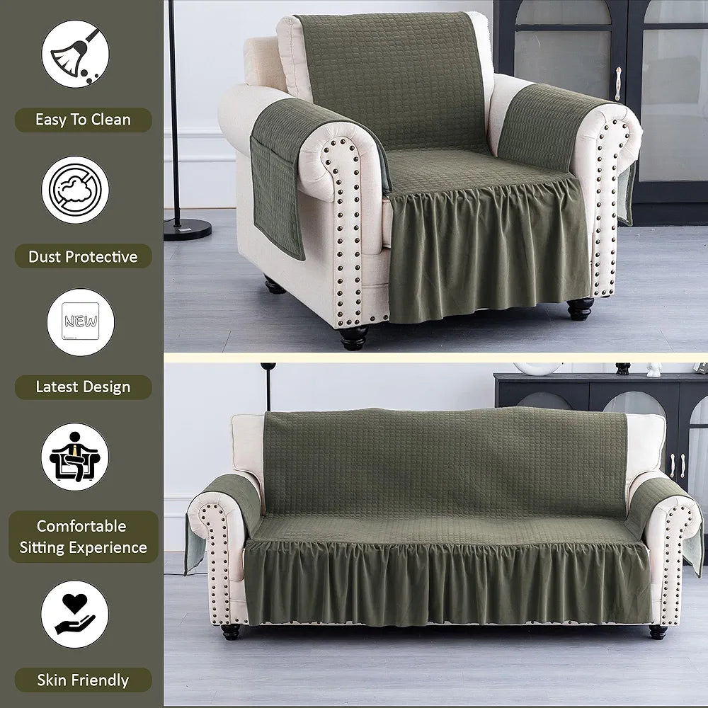 Kuber Industries Soft Velvet Quilted Single Seater Sofa Cover with Pocket Arms | Sofa Protector Cover | Sofa Slipcover Set | Non-Slip Couch Cover for Living Room | Frill - Olive Green