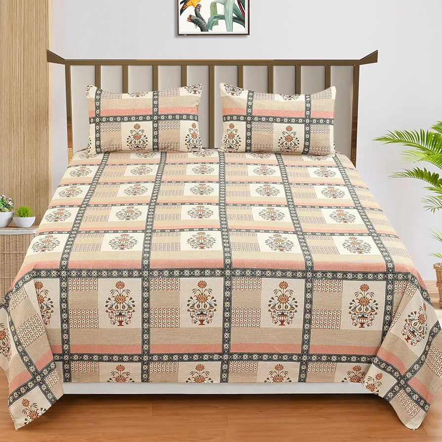 Ultra Super Soft 100% Pure Cotton Double Bedsheet with Two Pillow Covers for Your Bedroom | Floral & Block Printed Premium Bedsheet 