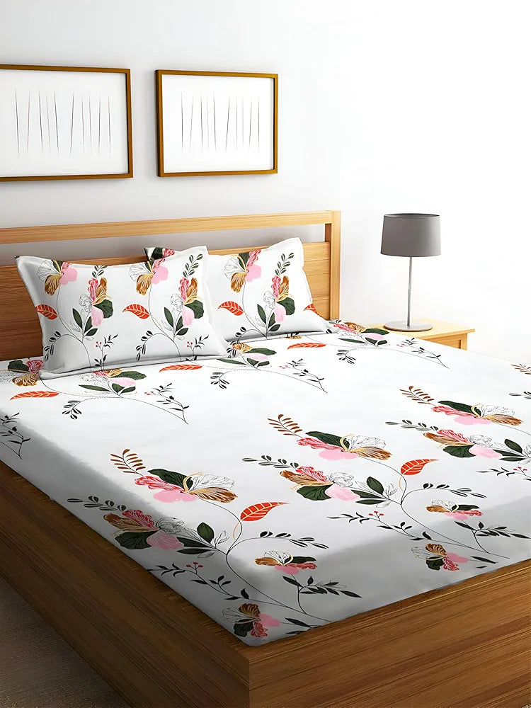 Polycotton 220 TC Floral Printed King Size Double Bedsheet with 2 Pillow Covers, 