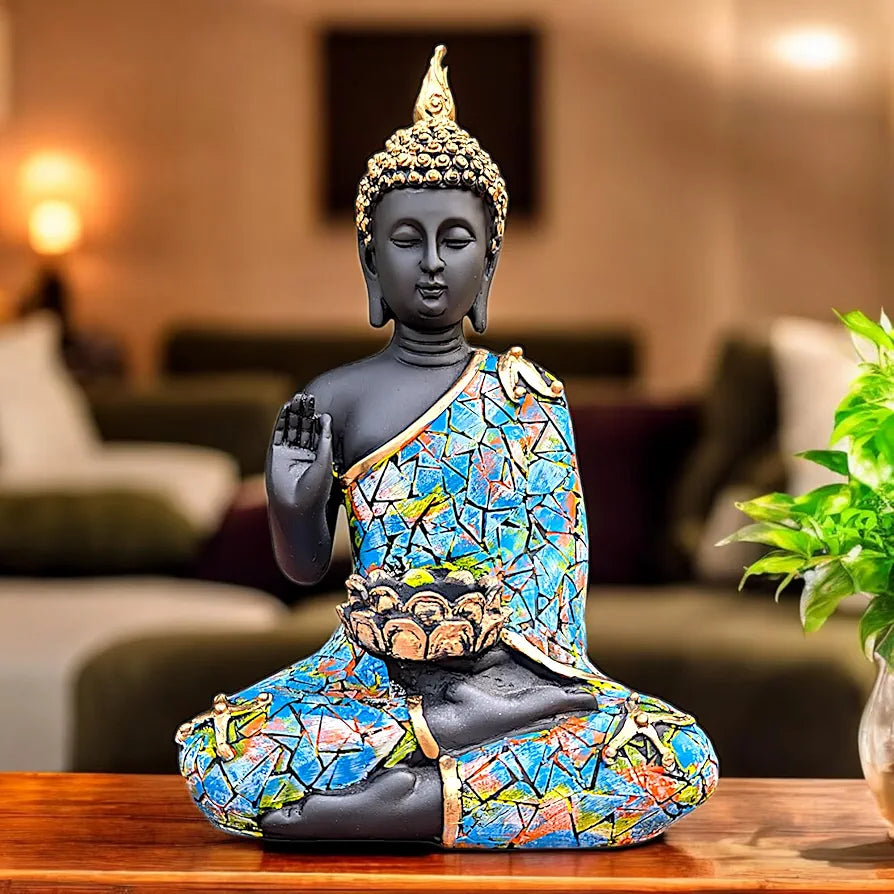 NEELAYA Meditating Buddha Statue with Tealight Holder Polyresin Showpiece for Home Decor Living Room Office Table Vastu Gift Housewarming 28 cm Black Multicolor