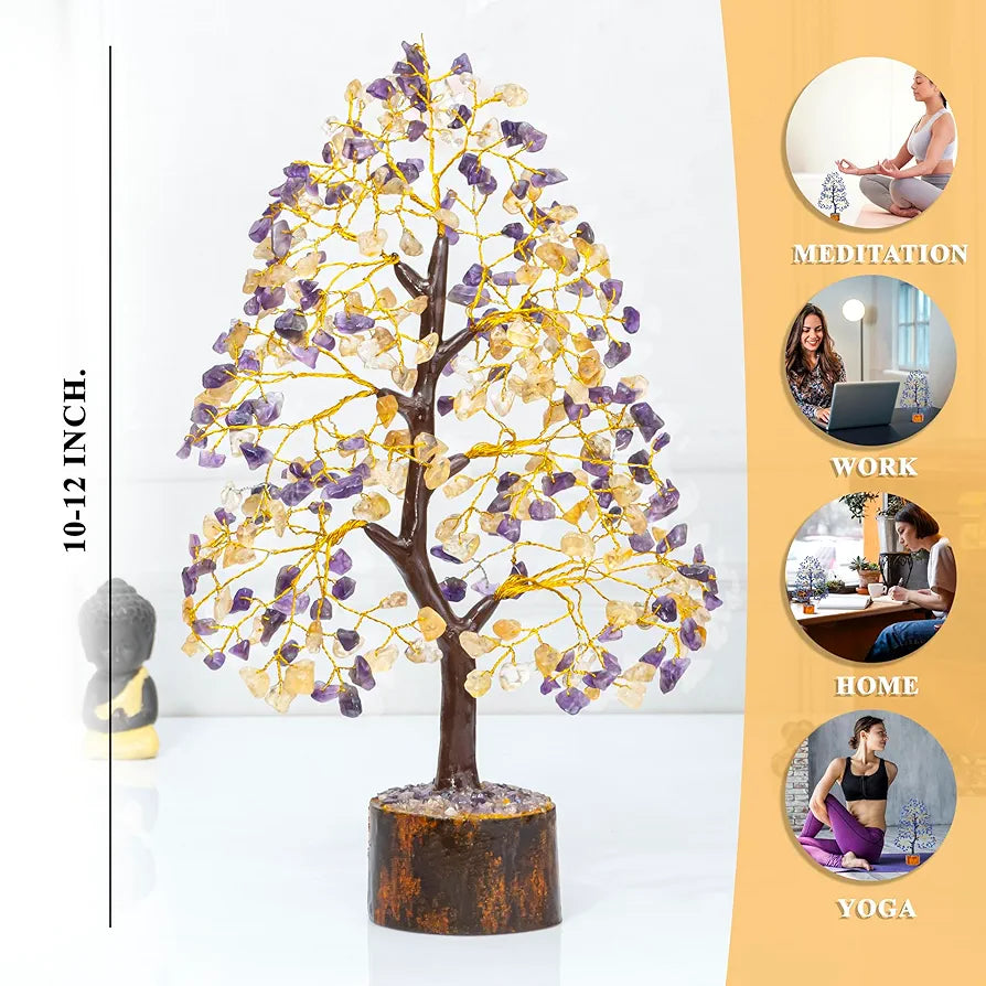 HindCraft Amethyst & Citrine Crystal Tree Good Luck Showpiece for Home Decor Items Crystals Gemstones Bonsai Money Tree for Good Luck, Decoration Gift Item, Golden Wire, 10-12 inch