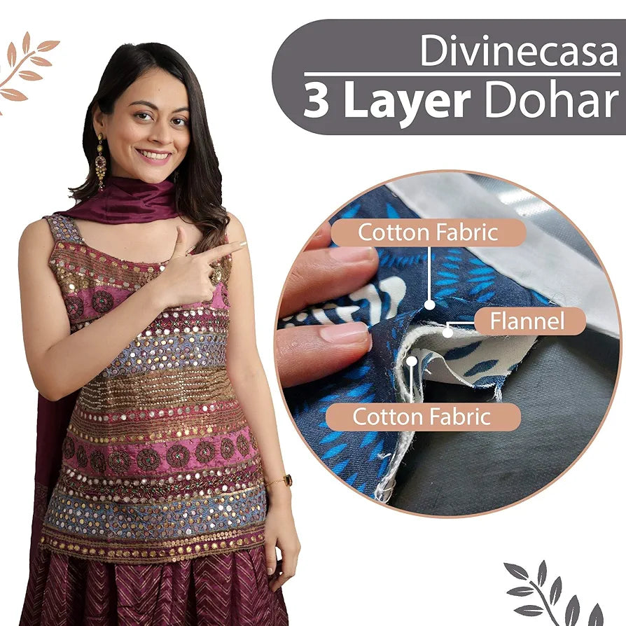 Divine Casa 100% Cotton Reversible Double Bed Dohar | Soft & Lightweight AC Blanket | Summer Quilt | 220 x 205 CM, Floristry Slate & Coral
