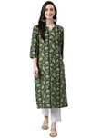 Janasya Women's Dark Green Cotton Floral Block Print Straight Kurta