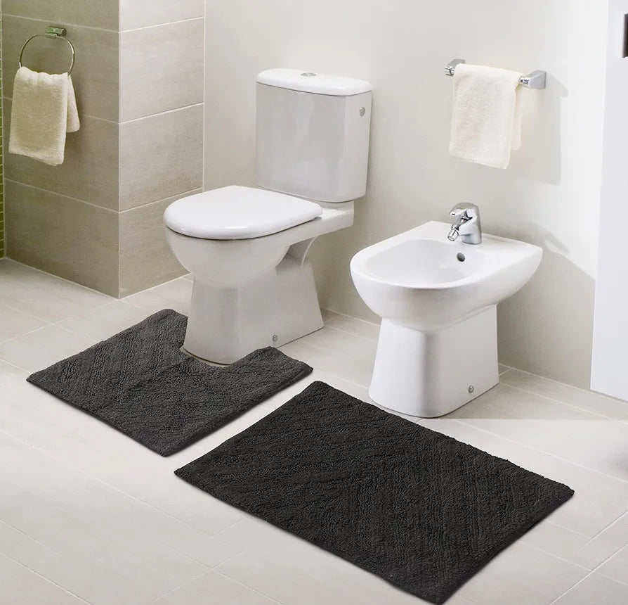 SASHAA WORLD Cotton Tufted V Striped Grey Bathmat and Contour Set | Bathmat for Living Room, Bathroom, Kitchen, Bedroom, Indoor & Outdoor | 