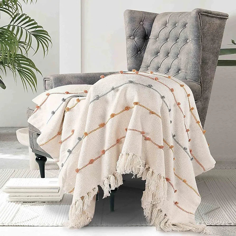 SASHAA WORLD Multicolour Striped Comfort Cotton Throw | Ideal for Sofa, Bed, Chair & Living Room | Cozy & Stylish Blanket | Natural & Beige | 150x125 cm