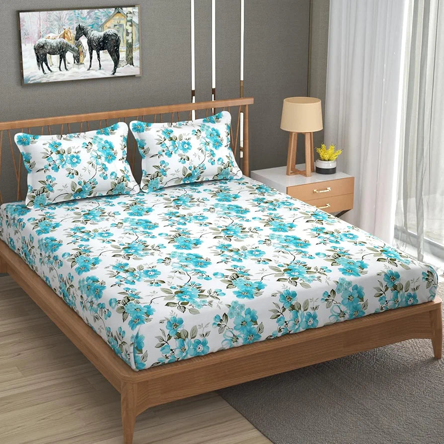 Homefab India 180 TC Microfiber Double BedSheet with 2 Pillow Covers -  - Aqua, White, Floral