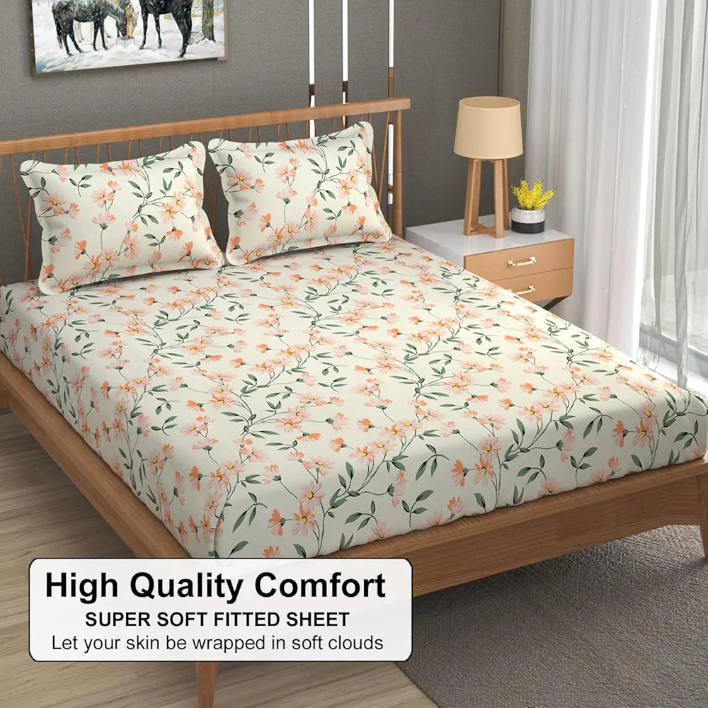 FRESH FROM LOOM King Size Microfiber Floral Print Fitted Bedsheet - 240 TC, Hypoallergenic, Includes 2 Pillow Covers  | Barely-Peach)