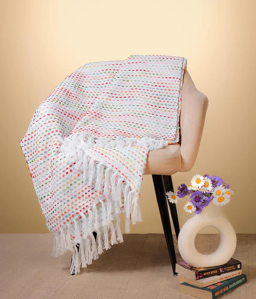 SAJAVAT HOME Hand-Knitted Pure Cotton 3 Seater Sofa Throw | 80x52 Inches/204x132 Cm | Parchment Multi Throw for Sofa, Bed, Chair & Travel - Ideal for All Season | Pack of 1