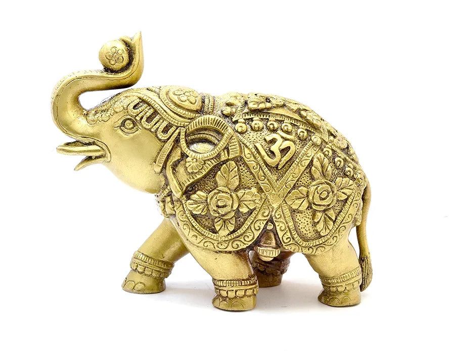 Two Moustaches Om and Swastika Carving Brass 7 Inches Elephant Showpiece, Weight - 1.6 Kg, Standard, Pack of 1