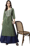 Janasya Women's Green Cotton Floral Print Straight Kurta