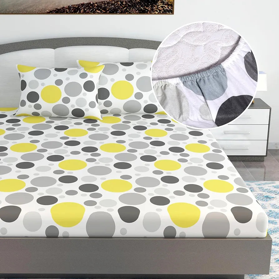 Divine Casa 144 TC Polka Print Yellow Skin Friendly 100% Cotton Elastic Fitted Bedsheets King Size - 78 x 72 inches