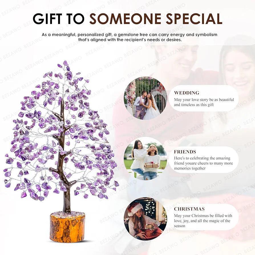 BEZAVO Amethyst Gemstone Crystal Tree – Good Luck Showpiece for Home Decor | Bonsai Money Tree for Prosperity & Decoration | Crystal & Gemstone Gift Item – 10-12 Inch 