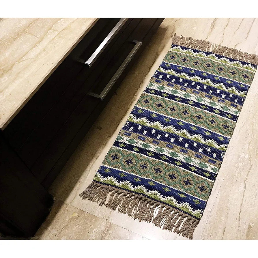 THE HOME TALK Handmade Cotton Tribal Carpets | Area Rugs for Bedroom, Center Table, Living Room, Drawing Room, Hall | Machine Washable | 45x75 cm | Multicolor- Beige