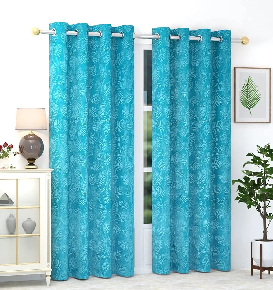 Leaf Velvet Room Darkening Door Curtains 7 feet Long for Living Room Bedroom Hall Room, Aqua Firozi, Set of 2