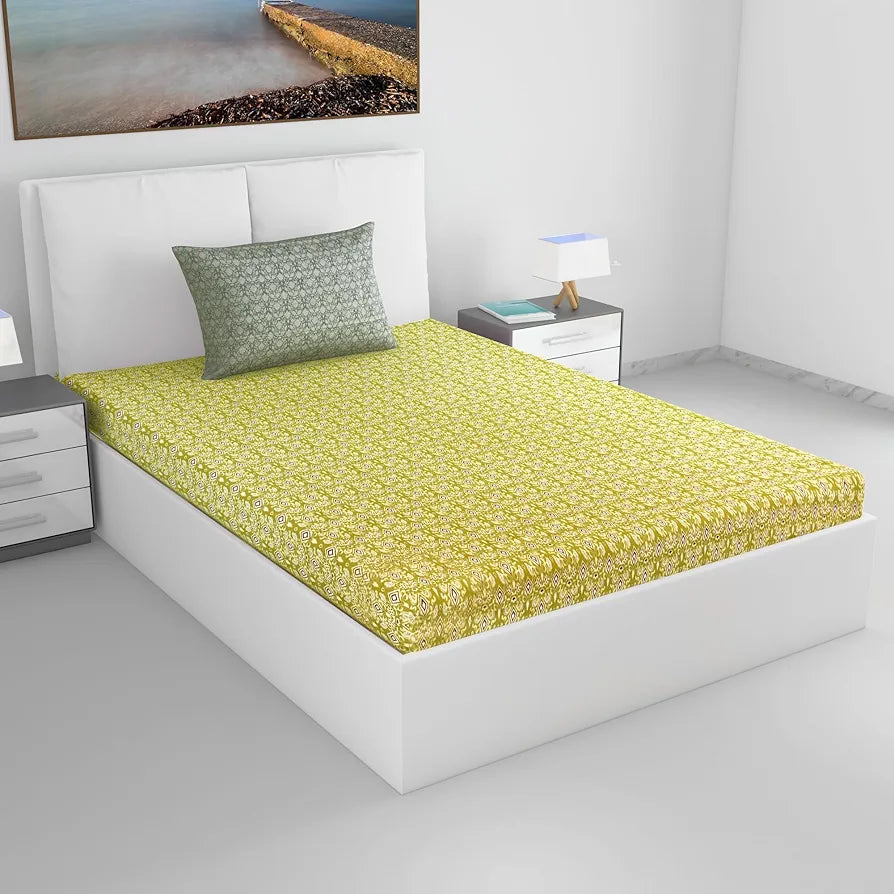 Divine Casa 144 TC 100% Pure Cotton Single Bedsheet with 1 Pillow Cover | Soft & Skin-Friendly Fabric for Everyday Comfort | All-Season Use | Size 223 X 145 CM | Ikat Diamond Print | Mustard Yellow