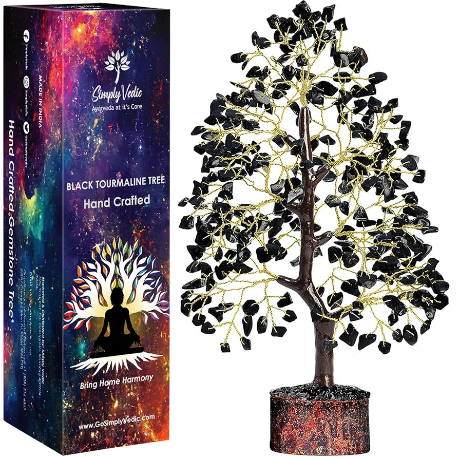 Simply Vedic Chakra Black Agate Crystal Tree| for Positive Energy, Good Luck | Natural Healing Gemstones Moneytree Feng Shui, Spiritual Gift, Home Decor| Handmade by Traditional Artist, 28 Cm