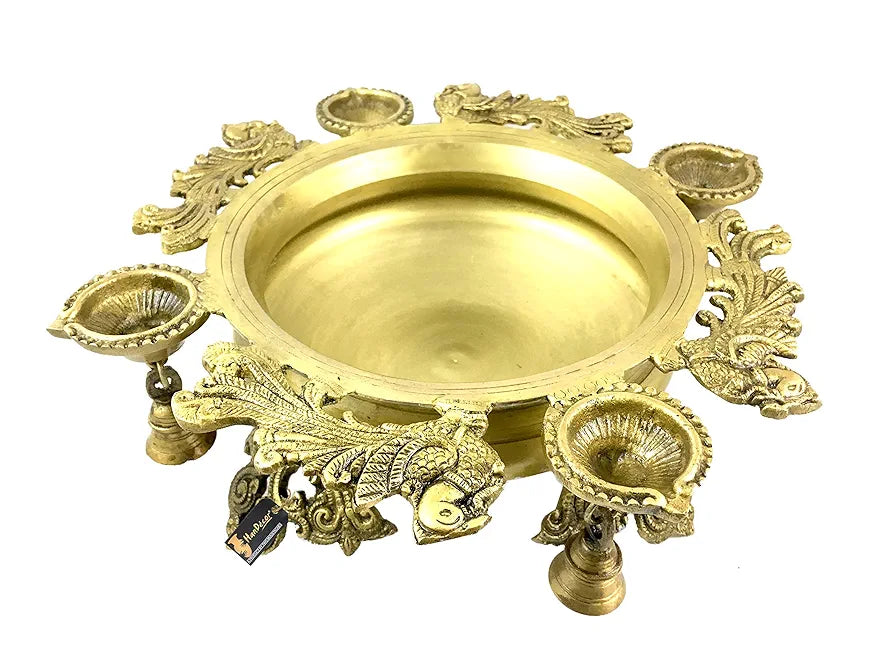 Two Moustaches Brass Peacock Design Urli with 4 Diyas  