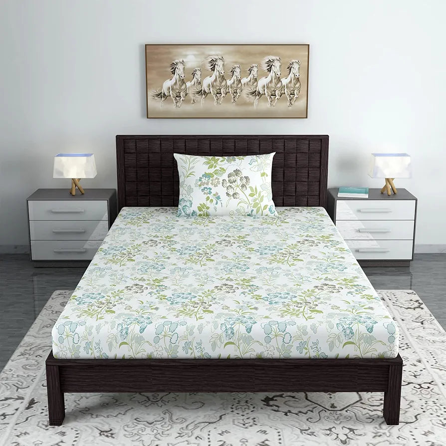 Divine Casa Bedsheet for Single Size Bed 144 TC Cotton Bedsheet for Single Size Bed with 1 Pillow Cover  Floral Green Blush Cotton Bedsheet