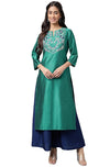 Janasya Women's Peacock Green Poly Silk Yoke Embroidered Straight Kurta