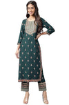 Janasya Women's Teal Green Rayon Foil Printed Kurta with Pant