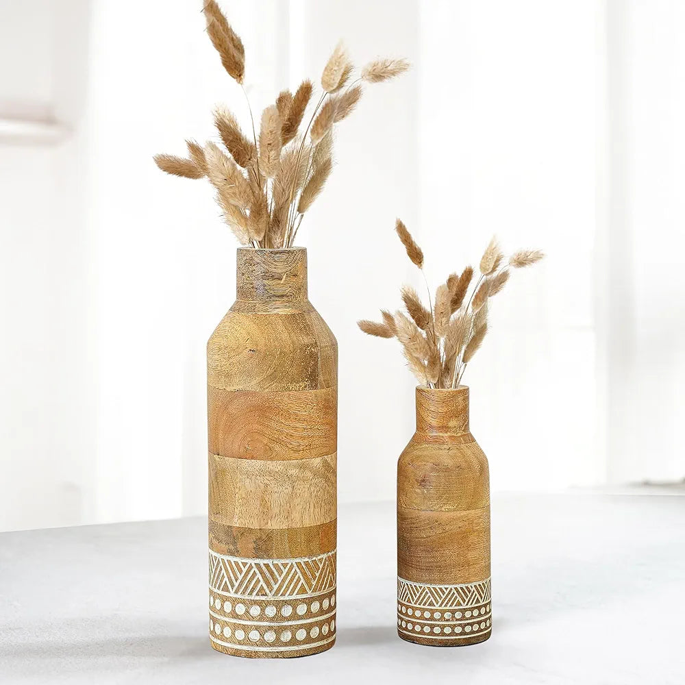 Behoma Boho Engraved Design Wooden Flower Vase Set of 2, Bottle Shape Mango Wood Vases for Flowers for Decor Home Living Room Kitchen Office, Natural Light Brown Finish | Height - 23 cm & 15 cm