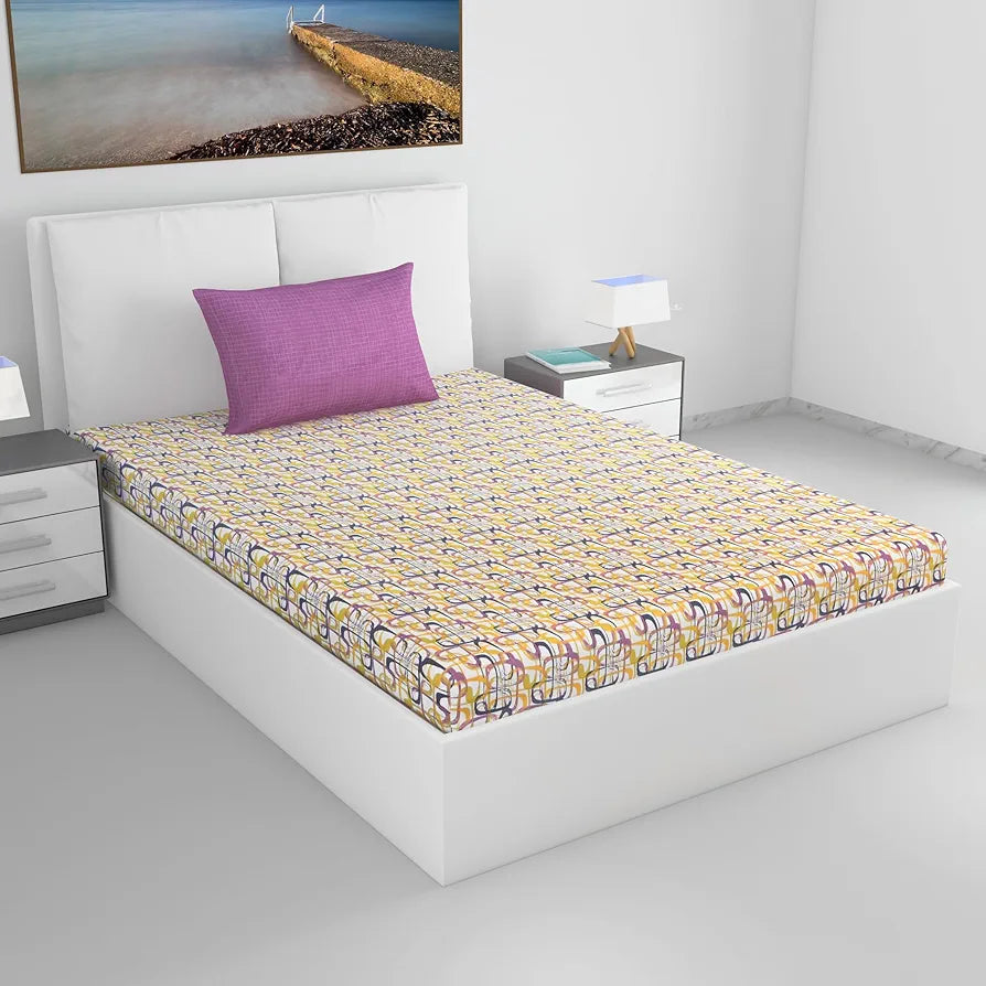 Divine Casa 144 TC 100% Pure Cotton Single Bed Bedsheet with 1 Pillow Cover | Soft, Durable & Fade-Resistant | All-Weather Comfort & Bedroom Decor| Size 145 x 223 CM | Wavy Pattern | Charcoal Yellow