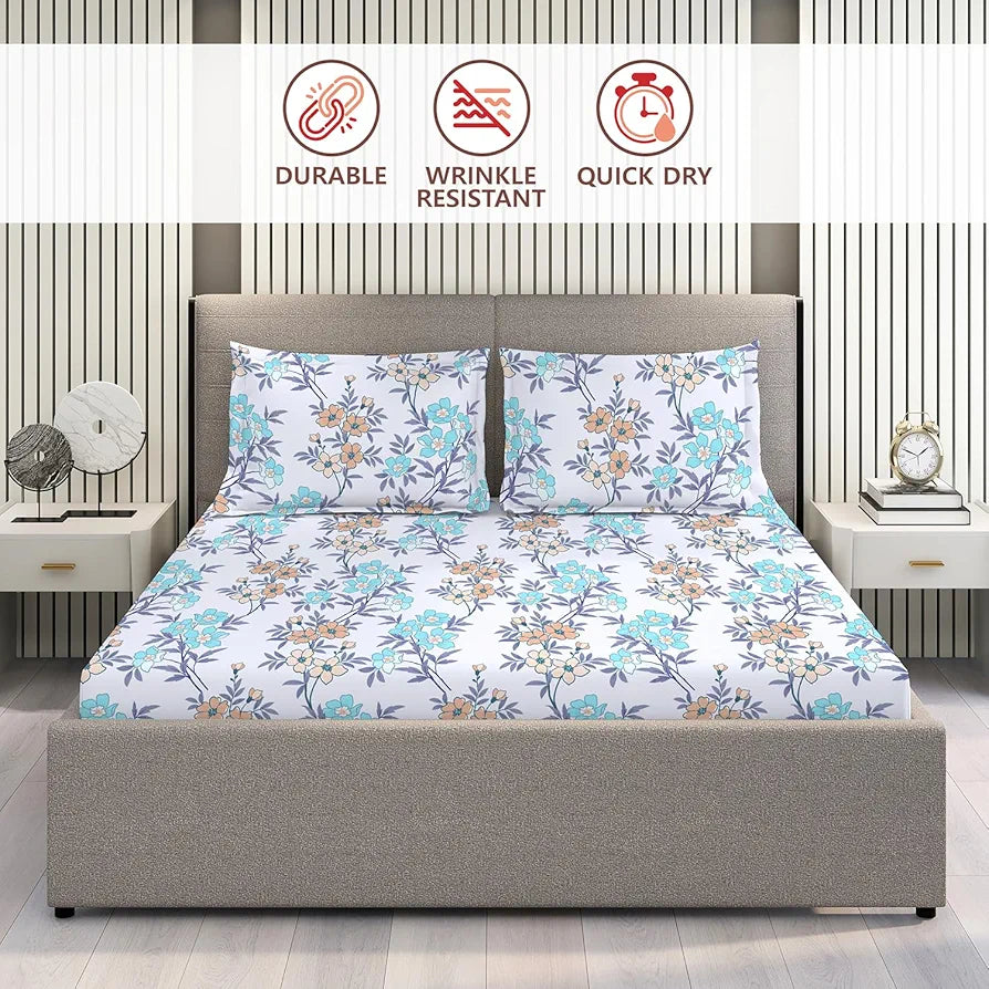 Layers Basicx 100% Cotton Bedsheet Set for All Seasons - Lightweight, Moisture Absorbent, Machine Washable & Easy to Care - Gift for Housewarming & More - 120 TC - Queen Size 