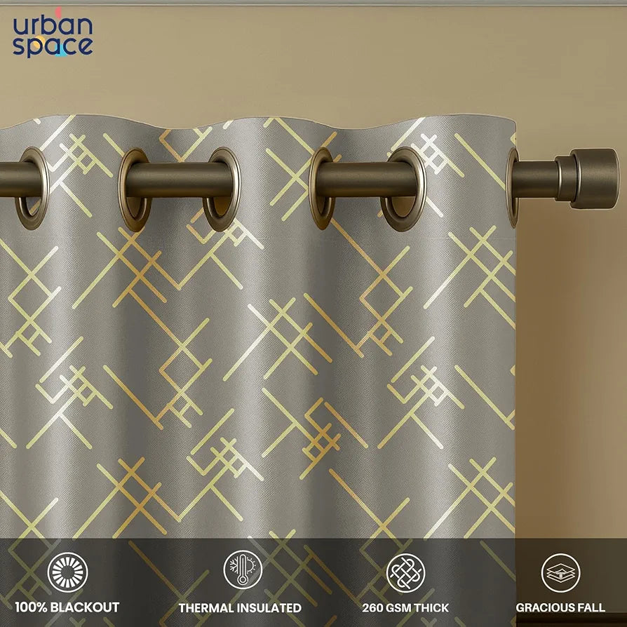 Urban Space Blackout Curtains for Living Room, Gold Foil Printed Luxurious 100% Blackout Decorative Door Curtain Eyelet with Tieback, 1 Piece 