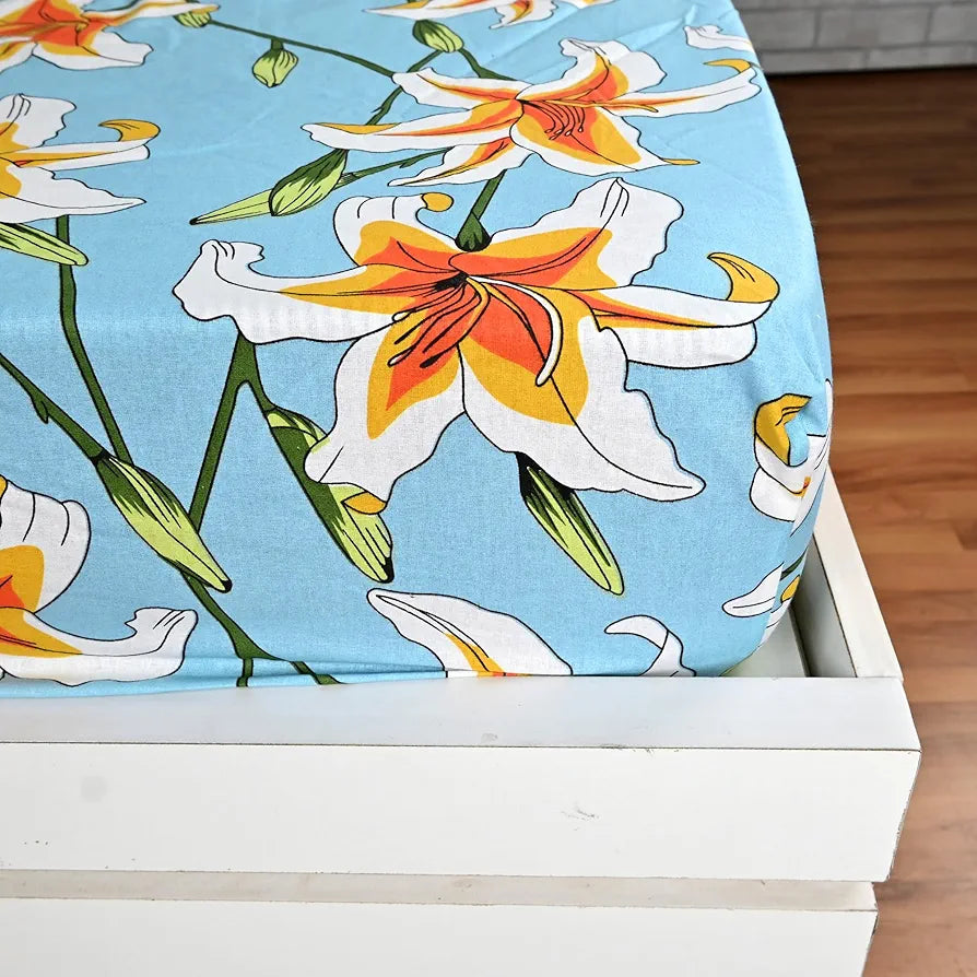 Divine Casa Floret 100% Cotton King Fitted Bedsheet | 144 TC | Deep Pocket Design | Soft & Breathable Fabric | Durable & Easy Care | 200 x 185 + 25 CM, Wildflower Charm