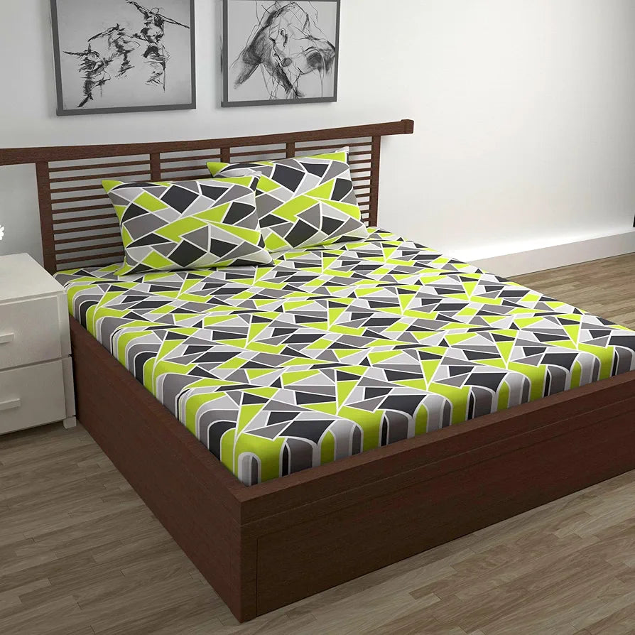 Divine Casa - 144 TC Super Soft 100% Cotton Bedsheet for Double Bed  144 Thread Count - Geometric, Lime Grey| 222 x 254 cm