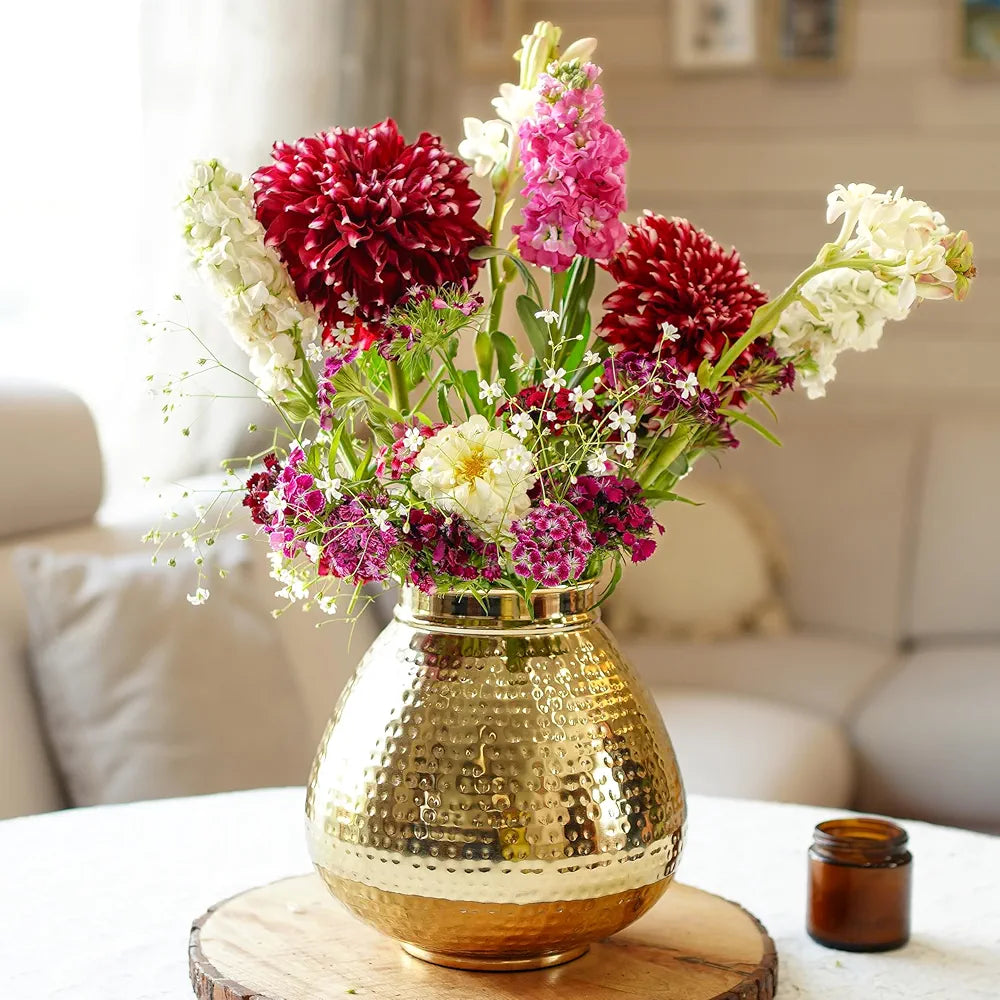 Behoma Matki Shape Metal Flower Vase for Home Decor, Hammered Metal Flower Pot for Office Table Decorations, Modern vases, Gift for Anniversary Festival, 8 inches, Golden 1 Pc 