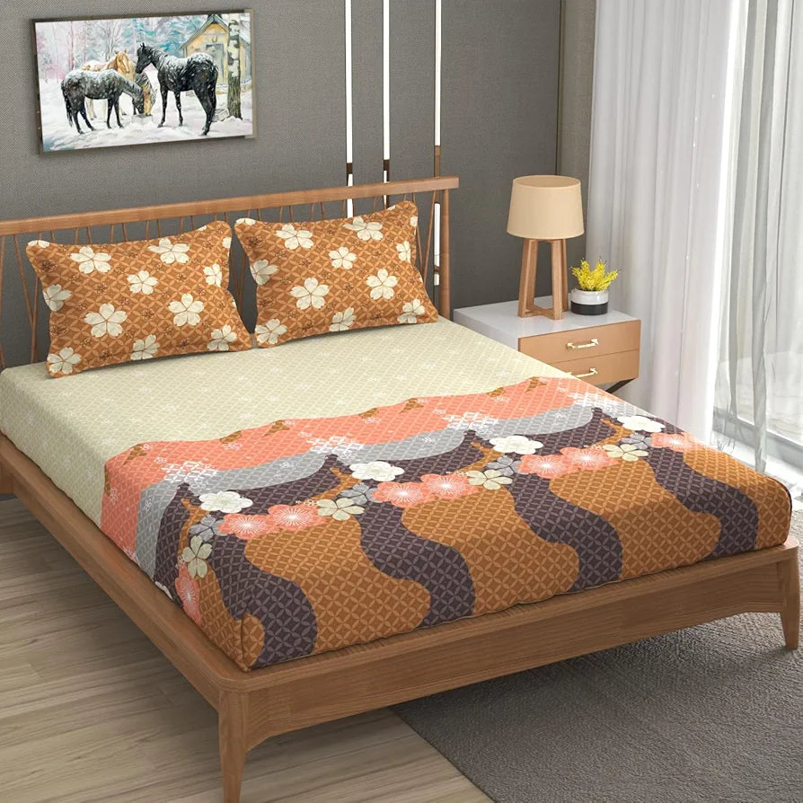 FRESH FROM LOOM Floral Microfiber Cotton Bedsheet |240 TC King Size Soft Bed Cover with 2 Pillow Cover | Hypoallergenic Bedsheet for Double Bed | Anti Fade Printed Bed Cover 