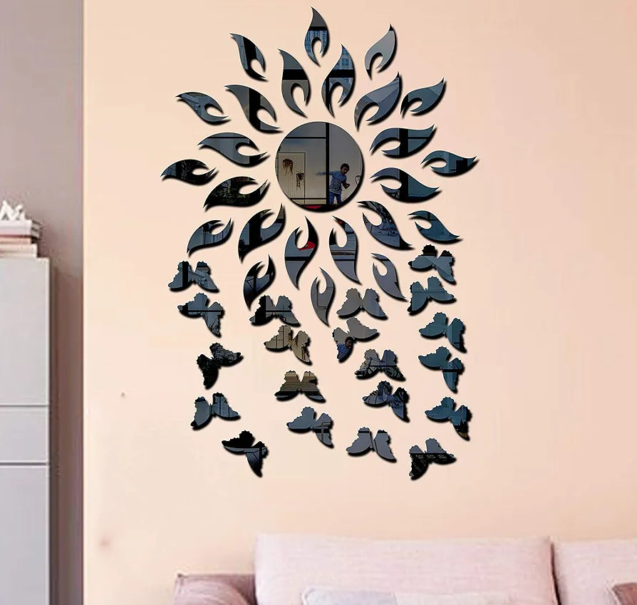 Bikri Kendra - Sun with 20 Butterfly - 3D Acrylic Glass Wall Mount Mirror Wall Stickers , Pack of 1
