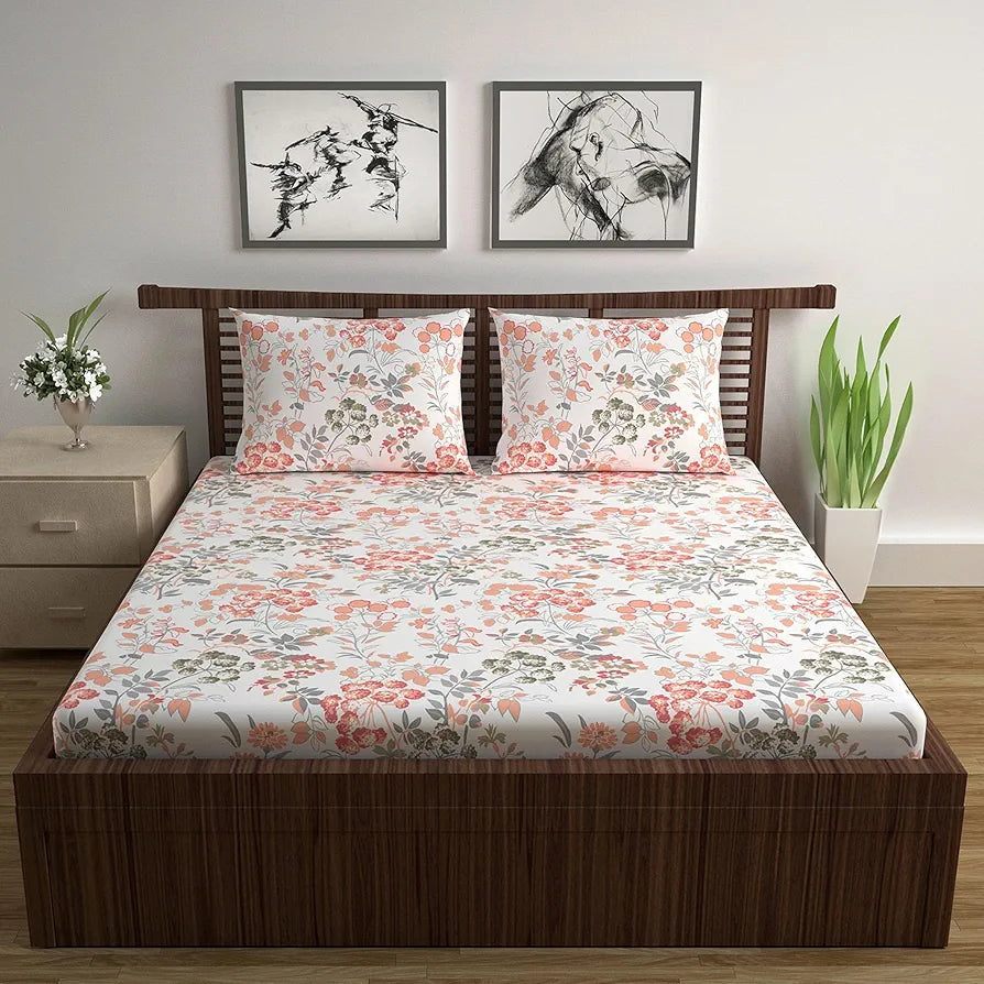 Divine Casa Double Size Bedsheet for Double Bed, 144 TC Pure Cotton Queen Size with 2 Pillow Covers | 222 by 254 cm | Floral | Peach Blush
