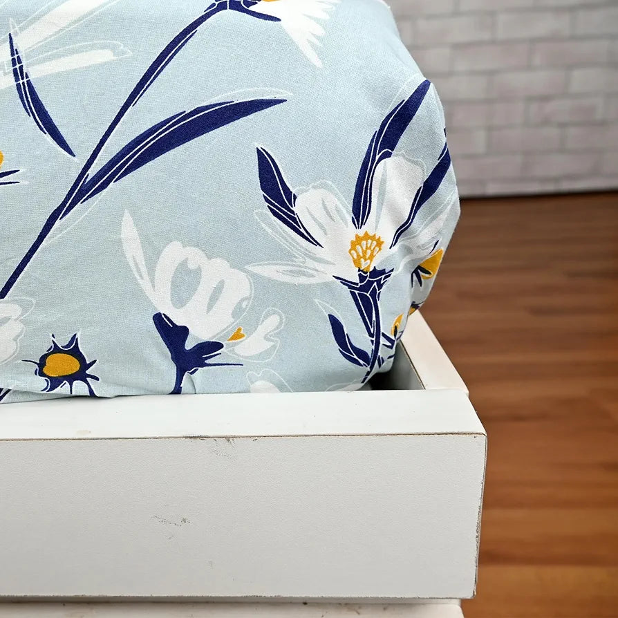 Divine Casa Floret 100% Cotton Double Fitted Bedsheet | 144 TC | Deep Pocket Design | Soft & Breathable Fabric | Durable & Easy Care | 200 x 150 + 25 CM, Water Orchid