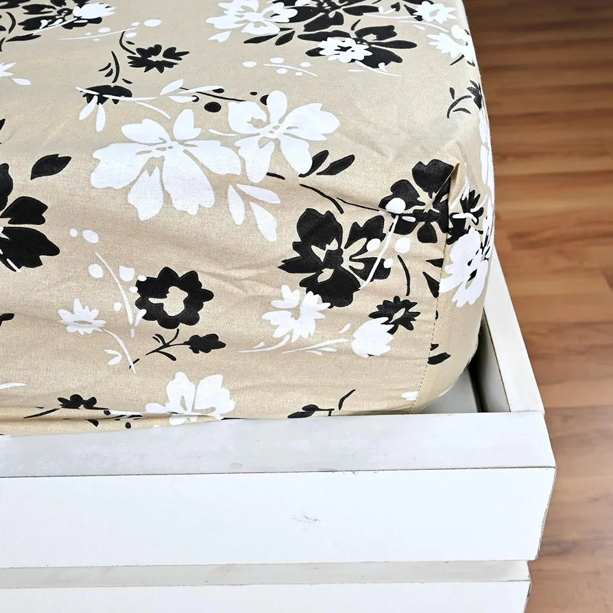Divine Casa Floret 100% Cotton Double Fitted Bedsheet | 144 TC | Deep Pocket Design | Soft & Breathable Fabric | Durable & Easy Care | 200 x 150 + 25 CM, Ivory Sunflowers