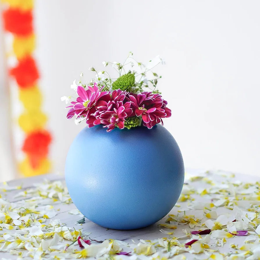 BEHOMA Metal Ball Round Flower Vase for Home Decor | Table Decorative Item for Bedroom Living Room Office Wedding | Best Gift for Birthday Anniversary Festival | Blue, Small