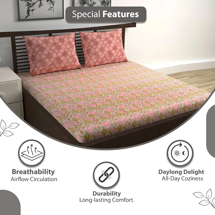 Divine Casa 144 TC Pure Cotton Double Bedsheet with 2 Pillow Covers | Smooth & Comfortable for Daily Use | All-Weather Coziness & Bedroom Style | 222 x 254 CM | Geo Nordic Hexa | Mustard Rose Pink
