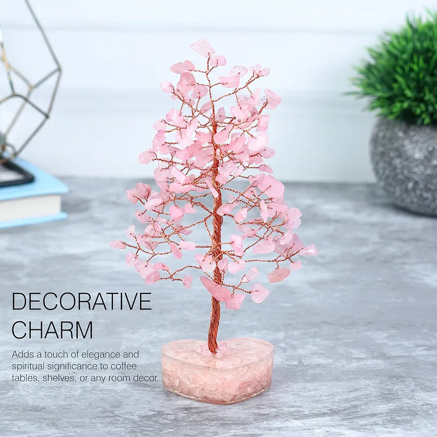 ZAICUS Rose Quartz Crystal Bonsai Tree with Heart Base – Handmade Feng Shui Tree for Love, Harmony & Healing – Home Decorative Item - Showpiece Good Luck Gift