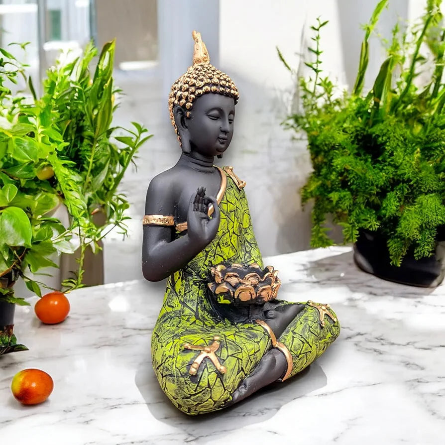 Meditating Buddha Statue with Tealight Candle Holder Polyresin Showpiece for Home Decor Living Room Office Vastu Gift Housewarming 28 cm Black Green
