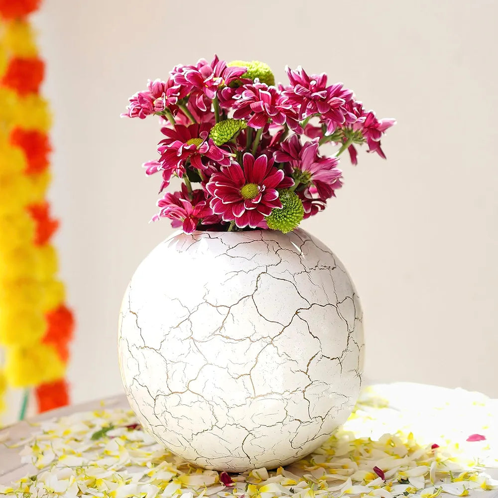 BEHOMA Metal Ball Vase for Home Decor|Round Flower Pot for Bedroom Living Room Office Wedding|Flowers Arrangement for Birthday Anniversary Festival|Off-White Crackled Medium 